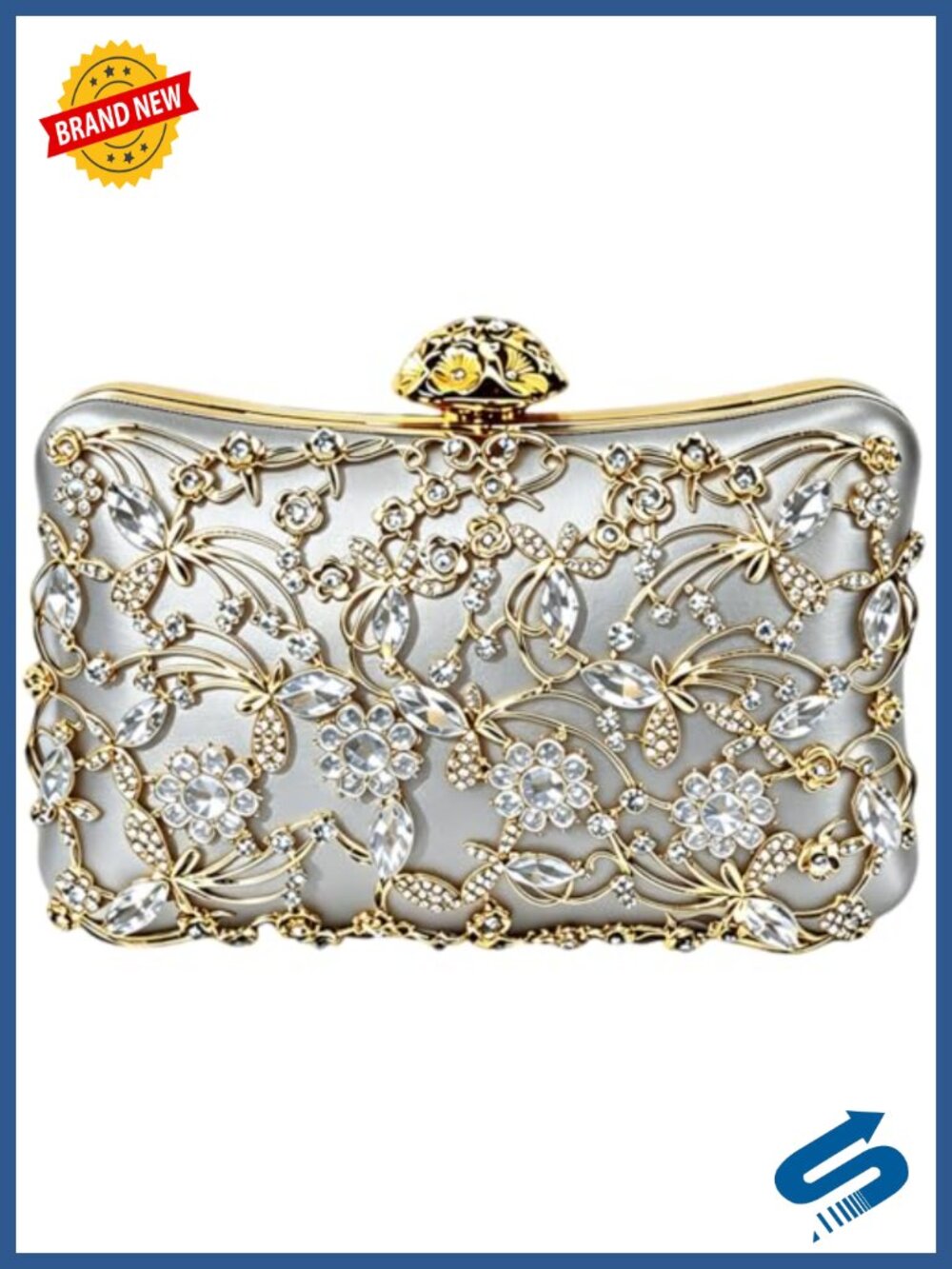 Rhinestone Evening Clutch Filigree Clasp Detachable Chain Multi-Wear